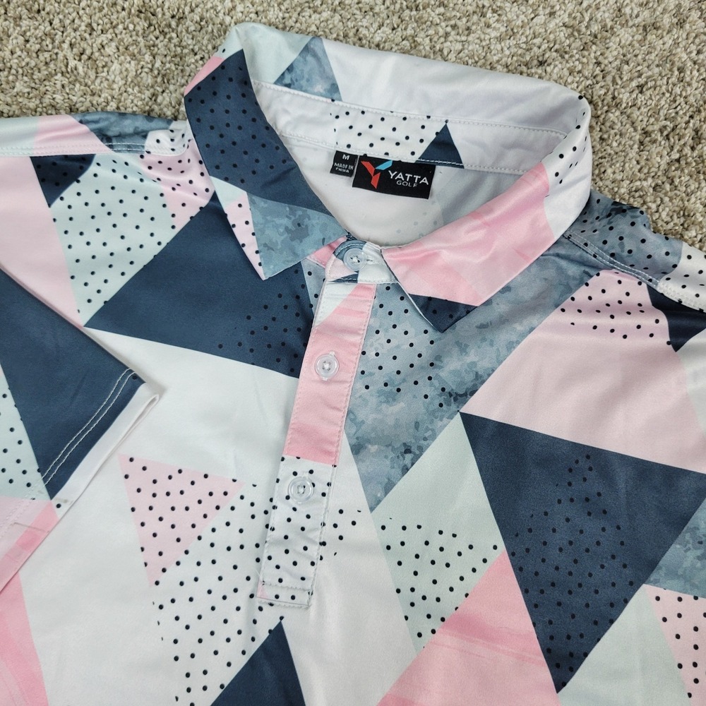 Yatta Golf Mens Medium Pink White Black AOP Geometric Performance Stretch Polo